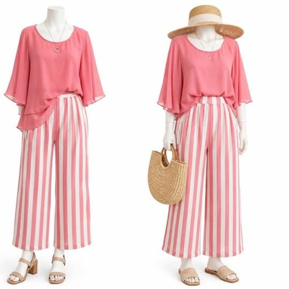 NEW ShallWe Pink & White Striped Wide Leg Pants + Flowy Top Set – 2XL